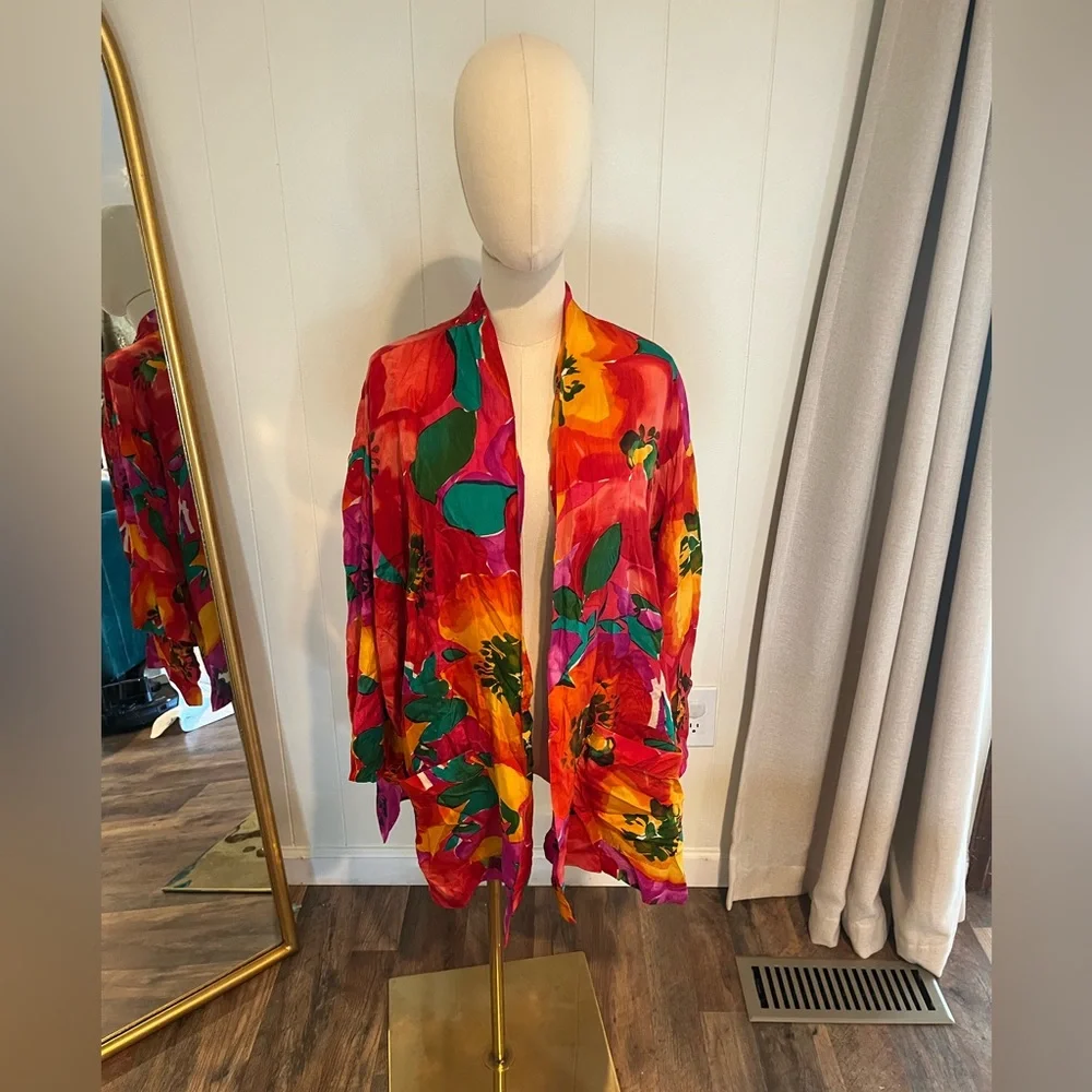 Vintage 80s Artsy Floral Multi-Colored Washable Silk Kimono Style Shirt Wrap - Picture 1 of 6